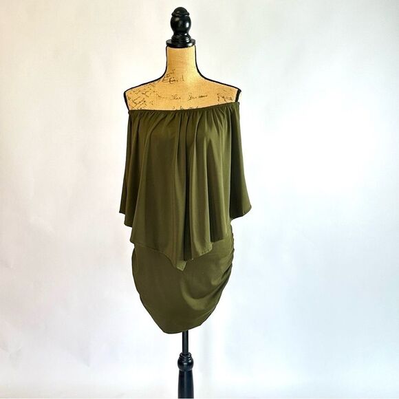 Chic Army Green Off-Shoulder Bodycon Mini Dress - Size S - Picture 1 of 9